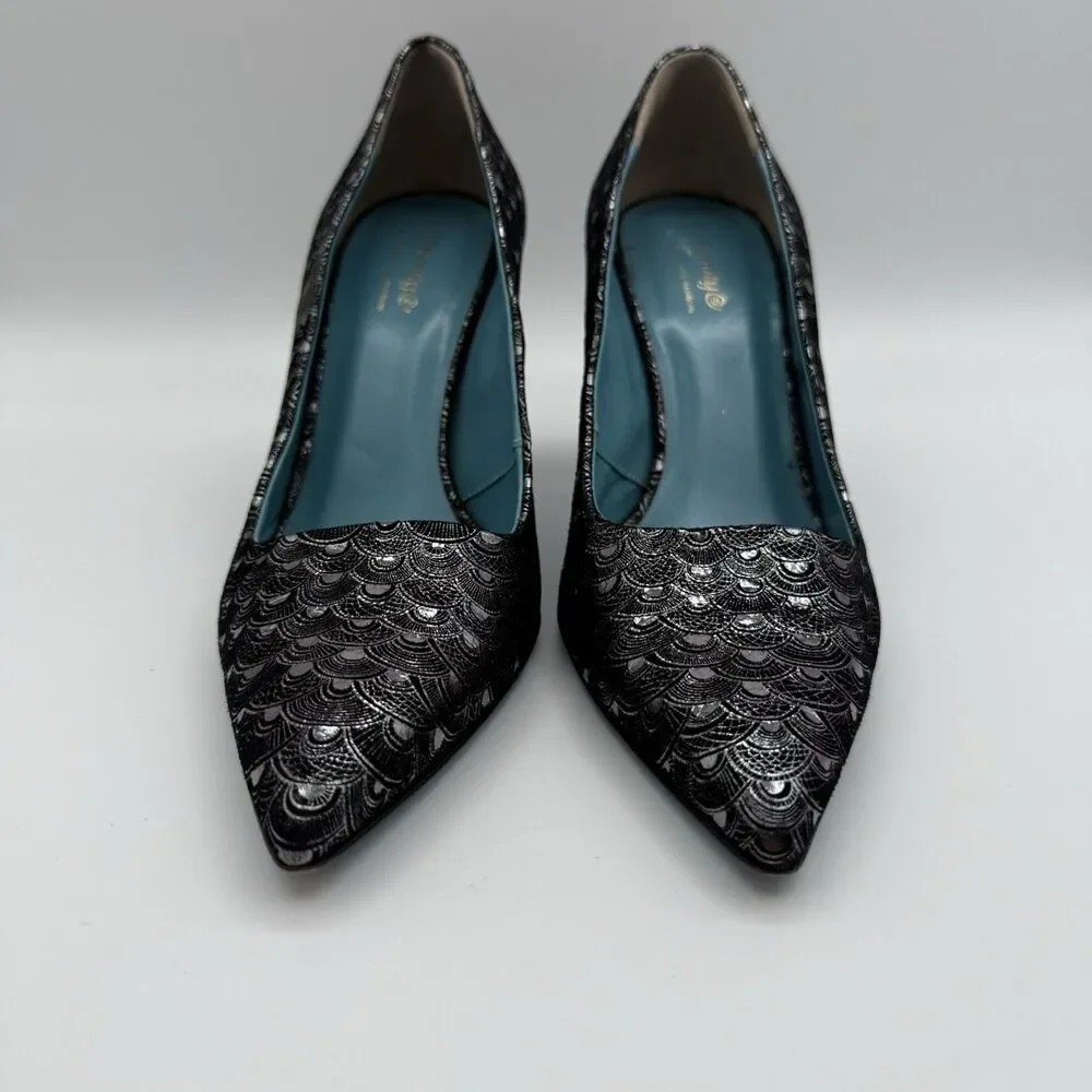 Valentina Rangoni Vintage Black Metallic Pumps 7.5M Pointed Toe Made Italy